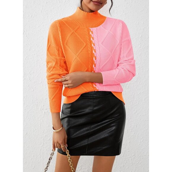 Women's Colorblock Cable Knit Jumper Long Sleeve Mock Neck Casual Top - Picture 8 of 8